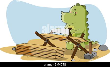 il dinosauro carino impara le abilità di costruzione nell'illustrazione Illustrazione Vettoriale