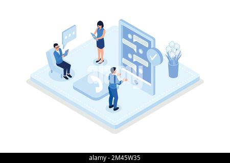 Persone che fanno domande e ricevono risposte dall'operatore del call center, dall'assistenza clienti, dall'illustrazione moderna del vettore isometrico Illustrazione Vettoriale