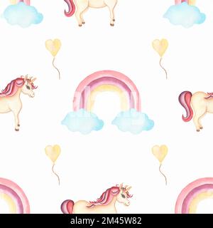 Modello vivaio acquerello con arcobaleni dipinti a mano. Bambini senza cuciture sfondo illustrazione in bambini alla moda style.Girl unicorn magico arcobaleno , s Foto Stock