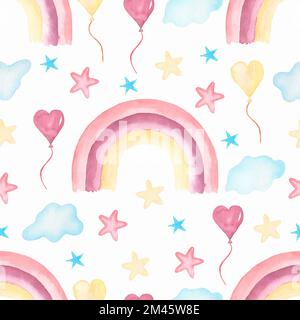 Modello vivaio acquerello con arcobaleni dipinti a mano. Bambini senza cuciture sfondo illustrazione in bambini alla moda style.Girl unicorn magico arcobaleno , s Foto Stock