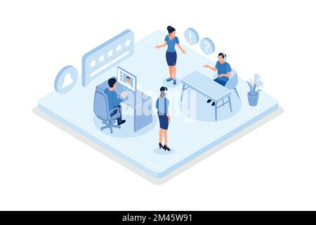 Persone che pongono domande e ricevono risposte dall'helpdesk, dall'assistenza clienti, dall'illustrazione moderna del vettore isometrico Illustrazione Vettoriale