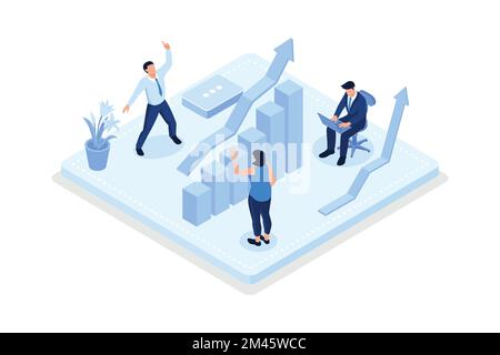 Caratteri che analizzano i dati di marketing. Concetto di business Activities, disegno isometrico vettoriale moderno Illustrazione Vettoriale