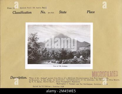 Vista sul Monte Graham. Didascalia originale: 'Vista del Monte Graham' copiato da Note di una riconciliazione militare da Fort Leavenworth, nel Missouri, a San Diego, in California, comprese parti di Arkansas, del Norte, e Gila Rivers, da W. H. Emory, Brevet Major, Corps of Topographic Engineers. Washington - Wendel e Van Benthuysen, stampanti - 1848. Copiato da H. H. Ritter - Ottobre 1938. Foto Stock