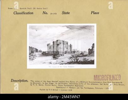 Le rovine della Casa Grande. Didascalia originale: 'Le rovine della Casa Grande' copiata da Notes of a Military Reconnoissance from Fort Leavenworth, in Missouri, to San Diego, in California, including parts of Arkansas, del Norte, and Gila Rivers, by W. H. Emory, Brevet Major, Corps of Topographic Engineers. Washington - Wendel e Van Benthuysen, stampanti - 1848. Copiato da H. H. Ritter - Ottobre 1938. Foto Stock