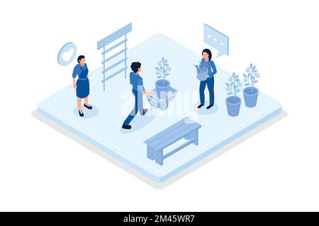 Varie scene di volontariato, cura ambientale e concetto di volontariato, vettore isometrico illustrazione moderna Illustrazione Vettoriale