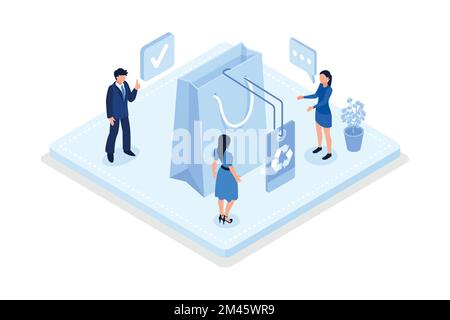 Personaggi che acquistano riciclando tessuto ecologico, vettore isometrico moderna illustrazione Illustrazione Vettoriale