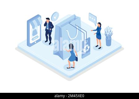 Personaggi che acquistano riciclare tessuti eco-compatibili e vendere o donare abiti vintage sul mercato delle pulci online o di seconda mano, vettore isometrico moderno Illustrazione Vettoriale