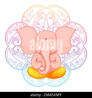 Ganesha god cute character lotus pose, meditation in cartoon style with mandala background. Idol, spiritual statue. Vector illustration Stock Vector