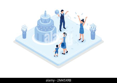 Gente che festeggia la festa di compleanno. Personaggi in piedi vicino torta di compleanno, vettore isometrico illustrazione moderna Illustrazione Vettoriale