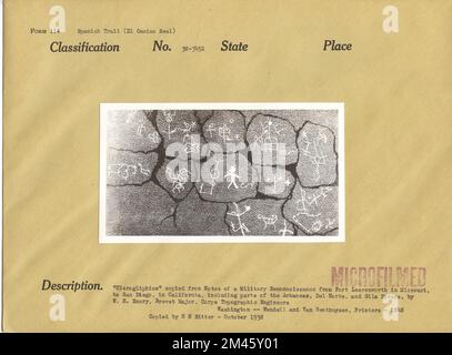 Geroglifici. Didascalia originale: 'Hieroglifics' copiata da Note di una riconciliazione militare da Fort Leavenworth nel Missouri, a San Diego, in California, comprese parti dell'Arkansas, del Norte, e Gila Rivers, da W. H. Emory, Brevet Major, Corps of Topographic Engineers. Washington - Wendel e Van Benthuysen, stampanti - 1848. Copiato da H. H. Ritter - Ottobre 1938. Foto Stock