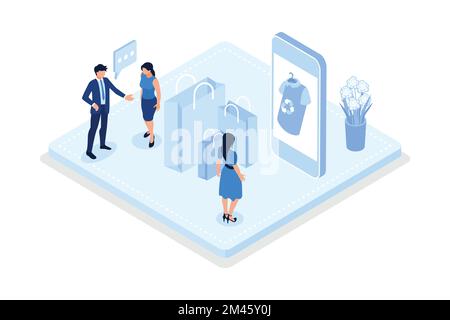 Personaggi che acquistano riciclare tessuti eco-compatibili e vendere o donare abiti vintage sul mercato delle pulci online o di seconda mano, vettore isometrico moderno Illustrazione Vettoriale
