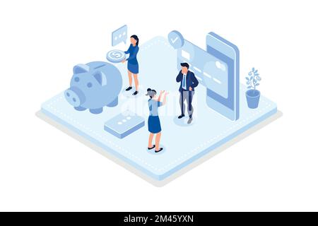 Concetto finanziario, cashback, risparmio finanziario e rimborso denaro, vettore isometrico moderna illustrazione Illustrazione Vettoriale