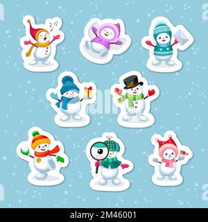 Confezione di adesivi di simpatici pupazzi di neve. Vacanze invernali collezione elemento a tema. Illustrazione vettoriale stampabile Illustrazione Vettoriale