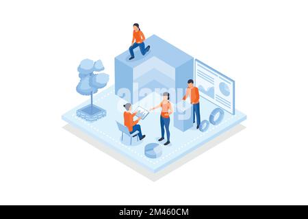 Modello concettuale con persone che analizzano cubo diviso in livelli e schermo con diagrammi e grafici. Scenografia per l'analisi della struttura dell'oggetto, isometrica Illustrazione Vettoriale