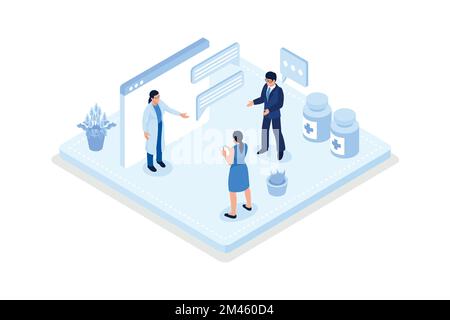 Pazienti con consultazione, Telemedicina e concetto di e-Health, vettore isometrico moderna illustrazione Illustrazione Vettoriale