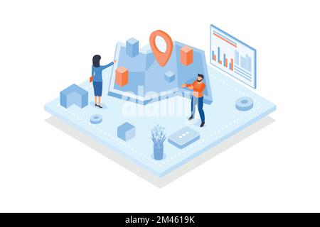 Modello concettuale con persone che guardano la mappa della città con gli edifici. Scena per l'applicazione per la condivisione di posizione in tempo reale, navigazione stradale, isometrica Illustrazione Vettoriale