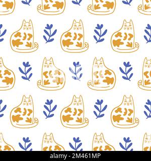 Trendy Folk art gatti senza cuciture modello Illustrazione Vettoriale