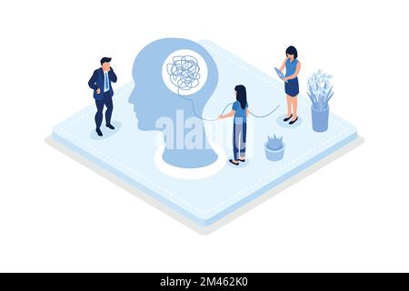 Carattere con disturbo mentale lotta contro lo stress, la depressione, concetto di psicoterapia, vettore isometrico moderna illustrazione Illustrazione Vettoriale