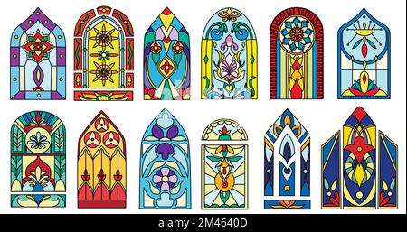 Colorate vetrate di edifici di chiese d'epoca. Set di cartoni animati con decorazioni a mosaico gotiche colorate per l'interno del castello, della cattedrale cattolica, della cappella antica, della casa religiosa o del palazzo. Illustrazione Vettoriale