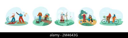 Attività ricreative e hobby per persone in appartamento. Felice uomo anziano e donna in bicicletta, camminando nel parco, facendo giardinaggio, dipingendo ed esercitandosi nel paese. Set di cartoni animati personaggi anziani trascorrere il tempo in pensione. Illustrazione Vettoriale