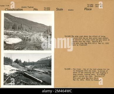 Effetti della copertura di ghiaccio invernale sulla Army Road; flusso di ghiaccio sciolto scavando una trincea attraverso la Army Road. Didascalia originale: 43-3883. La strada dell'esercito mostra l'effetto di essere coperto di ghiaccio a questo punto lo scorso inverno. Il canale di scolo è solido congelato e tutta l'acqua scorre sulla strada. Sezione B 2. Miglio post Army Map miglio 237,9. 17 maggio 1943. Foto di Pinkstaff. Didascalia originale: 43-3884. Secondo di due punti di vista - uno degli ultimi posti per il ghiaccio a scomparire dalla strada. B. guardando in salita dall'altra parte della strada. Sezione B 2. Miglio post Army Map miglio 240,6. 17 maggio 1943. Foto di Pinkstaff. Stato: Alask Foto Stock