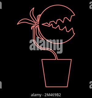 Flytrap Mostro al neon carnivoro pianta con dentini in vaso rosso colore vettore immagine immagine piatto stile luce Illustrazione Vettoriale