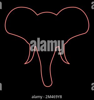 Neon testa di elefante silhouette mascotte vista frontale animale africano o indiano rosso colore vettore illustrazione immagine piatto stile luce Illustrazione Vettoriale