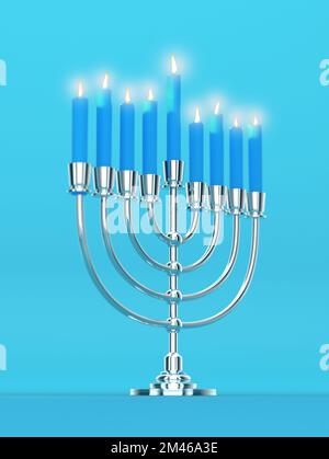 Happy Hanukkah - Silver Realistic Menorah, Candle Stand Candelabrum with Lit Candles - 3D Illustrazione rendering Foto Stock