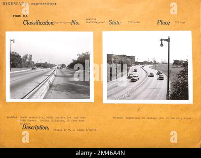 Grade separation, South Western Avenue e West 34th Street; Expressway su Western Avenue presso il canale della nave. Didascalia originale: 48-1004 - Grade Separation, South Western Ave. E West 34th Street. Mediana 15 pollici, 22 piedi da marciapiede a marciapiede. Didascalia originale: 48-1005 - Expressway su Western Ave. Al canale della nave. Foto di T. W. Kines. Luglio 28, 1948. Stato: Illinois. Località: Chicago. Foto Stock