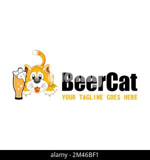 birra vetro e gatto giallo ubriaco immagine grafica icona logo design astratto concetto vettore stock. Può essere utilizzato come simboli relativi a animali o bevande. Illustrazione Vettoriale