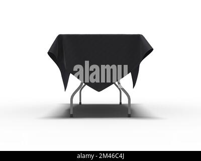 Tela da tavolo nera affusolata drappeggiata su un tavolo a traliccio pieghevole. Vista laterale, rappresentazione 3D. Foto Stock
