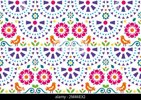 Stile messicano folk arte vettore senza cuciture modello con uccelli, fiori e foglie, ripetitivo vibrante ornamento Illustrazione Vettoriale
