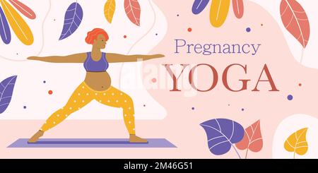 Donna incinta che fa Prenatal Yoga Web Banner Illustrazione Vettoriale