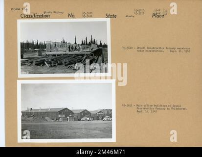 Alaska Highway. Didascalia originale: 43-3610: Magazzino Dowell Construction Company in costruzione. 16 settembre 1942. Didascalia originale: 43-3611: Edifici principali della Dowell Construction Company a Whitehorse. 16 settembre 1942. Stato: Alaska. Foto Stock