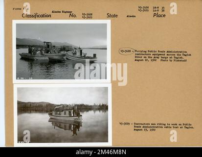 Alaska Highway. Didascalia originale: 43-3628: Ferrying Public Roads Administration appaltatori attrezzature attraverso il fiume Tagish sulla chiatta dell'esercito a Tagish. Agosto 22, 1942. Foto di Pinkstaff. Didascalia originale: 43-3629: Appaltatori uomini a cavallo per lavorare su strade pubbliche Amministrazione cabina barca a Tagish. Agosto 23, 1942. Stato: Alaska. Foto Stock