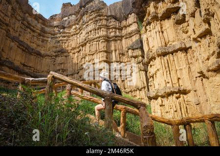 Geologa femminile con zaino esplorando il percorso naturalistico nella foresta e analizzando rocce o ghiaia. I ricercatori raccolgono campioni di materiali biologici. Busta Foto Stock