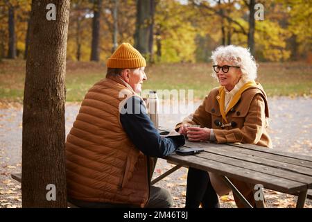 Coppia anziana al tavolo da picnic nel parco Foto Stock