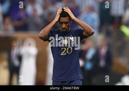 Lusail City, Qatar. 18th Dec, 2022. Kingsley Coman of France reagisce durante la finale della Coppa del mondo FIFA 2022 al Lusail Stadium di Lusail City, Qatar, il 18 dicembre 2022. Foto di Chris Brunskill/UPI Credit: UPI/Alamy Live News Foto Stock