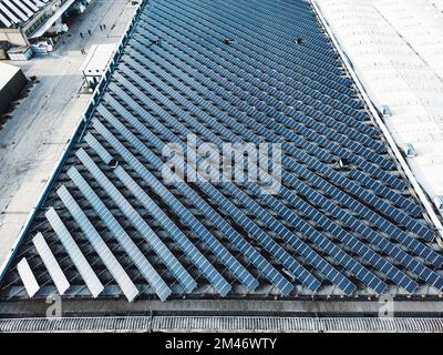 Vista aerea di un campo di pannelli solari impilati in linee Foto Stock