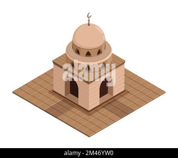 Antico tempio, moschea isometrica musulmana con pareti in pietra, cupola e simbolo della mezzaluna in cima. Edificio religioso per le preghiere appartamento. Il vettore 3D realistico è Illustrazione Vettoriale