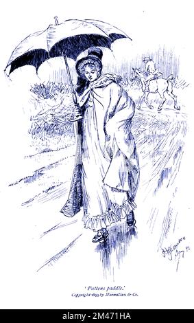 Pattens paddle illustrato da Hugh Thomson per il nostro Villaggio è una raccolta di circa 100 schizzi letterari di vita rurale scritti da Mary Russell Mitford (1787–1855), e originariamente pubblicati negli anni '1820s e '1830s. La serie è apparsa per la prima volta nella rivista The Lady's Magazine. Il titolo completo è: Il nostro Villaggio: Schizzi di carattere rurale e scenario. La serie VIVID era basata sulla vita in Three Mile Cross, un borgo nella parrocchia di Shinfield (a sud-est di Reading nel Berkshire), dove viveva. Pubblicato da Macmillan il 1893 Foto Stock