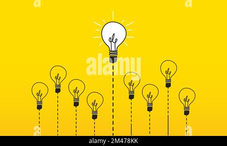 Un'idea diversa che si distingue dalla folla. Diverse lampadine e una accesa. Nuova idea creativa, innovazione e leader che si distingue. Illustrazione Vettoriale