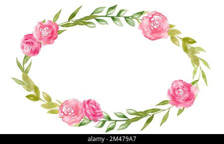 Acquerello Lana ellittica floreale con fiori rosa astratti e rami verdi con foglie. Illustrazione disegnata a mano per gli inviti di nozze o i biglietti d'auguri. Cornice isolata botanica. Foto Stock