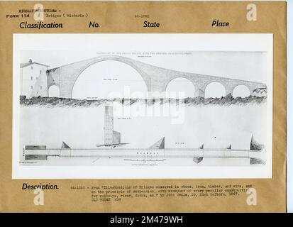 Elevazione del Ponte del Diavolo sul Serchio nei pressi di Lucca. Didascalia originale: Da 'illustrazioni di ponti eseguiti in pietra, ferro, legno e filo, e sul principio di sospensione, con esempi di ogni costruzione particolare per ferrovie, fiume, moli, &c. Di John Weale, 59, High Holborn, 1847. Foto Stock