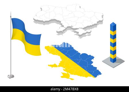 Ucraina isometrica Bandiera e mappa. L'Ucraina è un paese dell'Europa orientale. Illustrazione Vettoriale