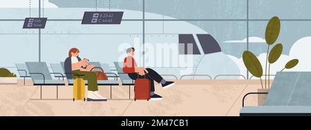 Interno piano della sala d'attesa dell'aeroporto con posti a sedere e passeggeri con bagaglio. Persone sedute in sedie nell'area lounge del terminal internazionale con orario di partenza, finestra con vista dell'aereo Illustrazione Vettoriale