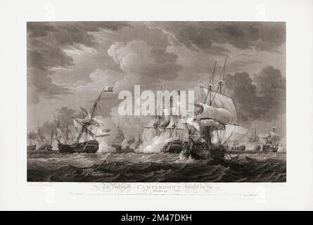 La battaglia di Camperdown - Kamperduin in olandese - 11 ottobre 1797, durante le guerre rivoluzionarie francesi. Fu combattuta tra la flotta britannica del Mare del Nord e una flotta della Marina di Batavia. Prevalsero gli inglesi. Dopo una stampa contemporanea di Thomas Hellyer dal dipinto di Thomas Whitcombe. Foto Stock