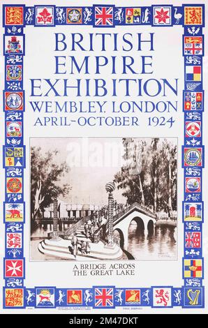 Una serie di poster per la British Empire Exhibition, Wembley, Londra, aprile-ottobre 1924. Mostra un ponte sul grande lago. 27 milioni di persone hanno visitato la mostra. Dopo un lavoro di Ernest Coffin. Foto Stock
