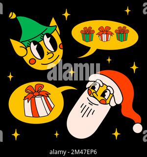 Buon Natale e felice anno nuovo personaggi del cartone animato retrò. Cartolina di Natale con Babbo Natale ed Elfo. Caratteri vettoriali Cartoon e. Illustrazione Vettoriale