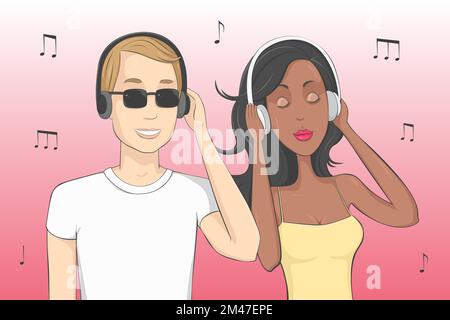 Ragazzo e ragazza che ascoltano musica in cuffie. Illustrazione vettoriale. Illustrazione Vettoriale